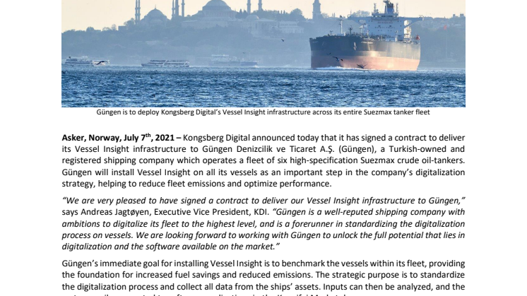 Kongsberg Digital to deliver Vessel Insight to Güngen fleet