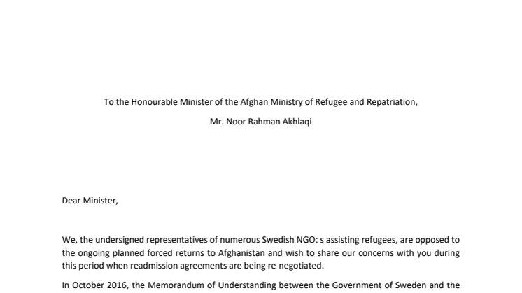To the Honorable Minister of the Afghan Ministry of Refugee and Repatriation
