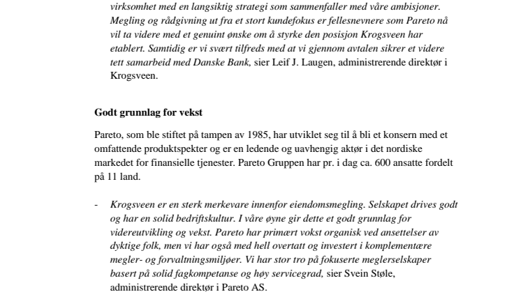 Pareto kjøper Krogsveen