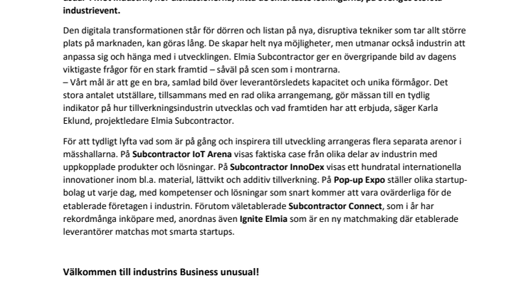 Pressinbjudan: Elmia Subcontractor Tillverkningsindustrins främsta arena.