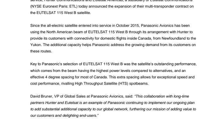 Panasonic Avionics partners with Hunter and Eutelsat to boost in-flight connectivity capacity over Canada