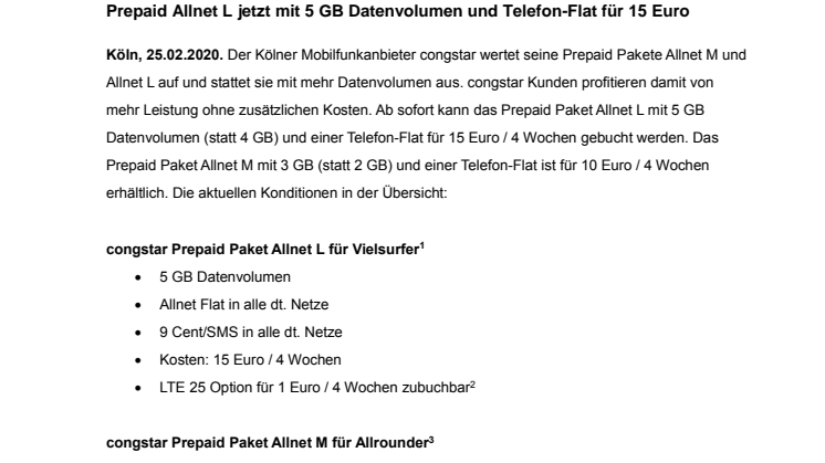 Mehr Datenvolumen für die congstar Prepaid Pakete Allnet M und L