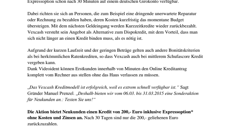 Vexcash bietet Neukunden 200,- Euro Kleinkredit kostenlos