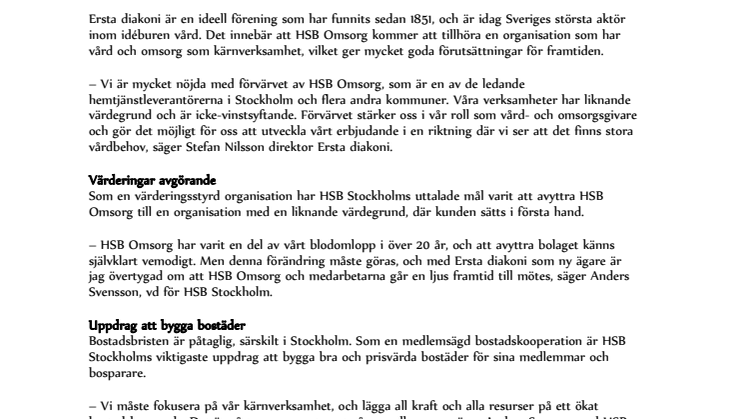 ERSTA DIAKONI FÖRVÄRVAR HSB OMSORG