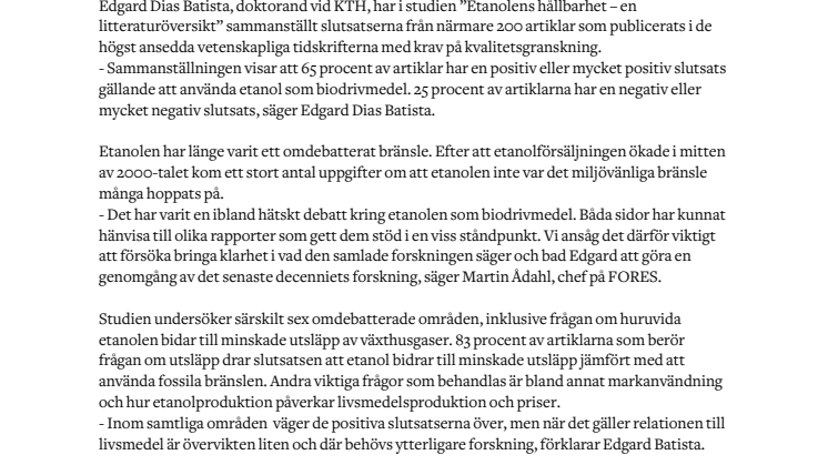 Ny studie om etanolens hållbarhet:  Forskningen stödjer användning av etanol 