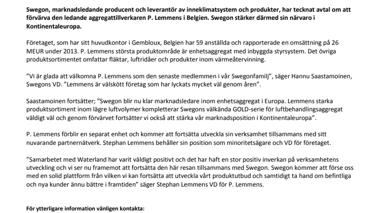 Swegon fortsätter att växa genom förvärv av P. Lemmens