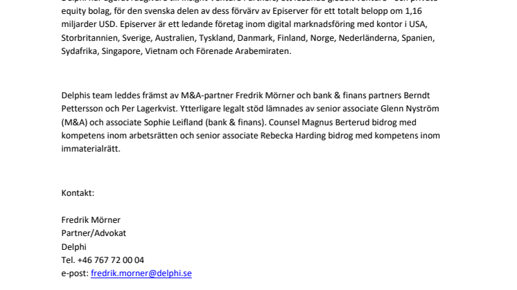 Delphi rådgivare till Insight Venture Partners vid förvärv av Episerver