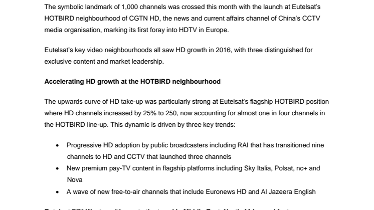 Eutelsat hits new milestone of 1,000 High Definition channels