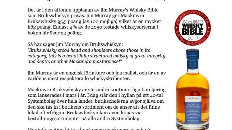 Världen främsta whiskyskribent hyllar Mackmyra Brukswhisky