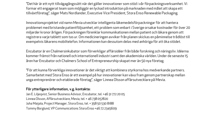 Stora Enso och Encubator samarbetar kring intelligenta läkemedelsförpackningar