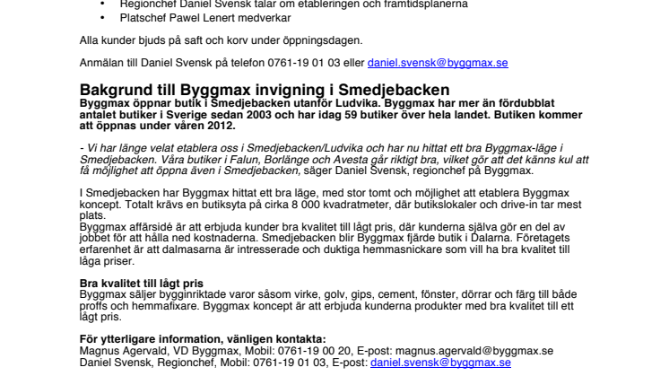 Pressinbjudan: Invigning av Byggmax butik i Smedjebacken