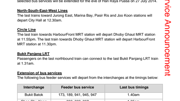 SMRT Travel Advisory for Eve of Hari Raya Puasa 2014