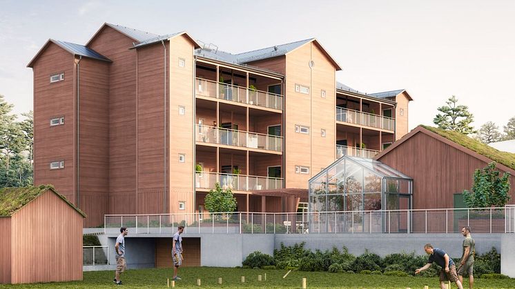 Brf Växthuset - 3D-bild av flerbostadshus och grönyta. 