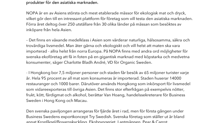 Hongkong öppnar dörren för svensk ekoexport