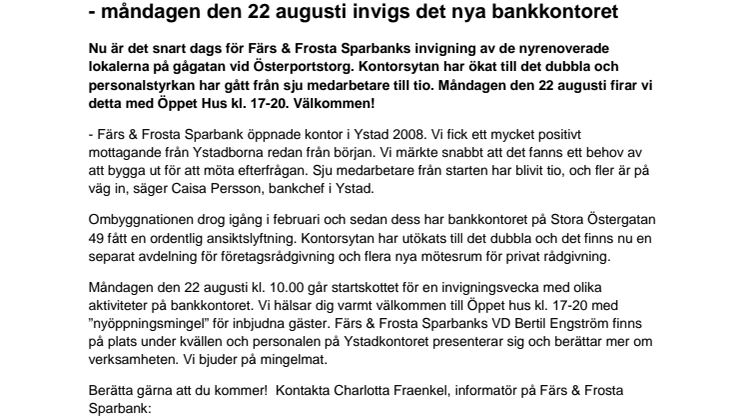 Färs & Frosta Sparbank växer i Ystad 