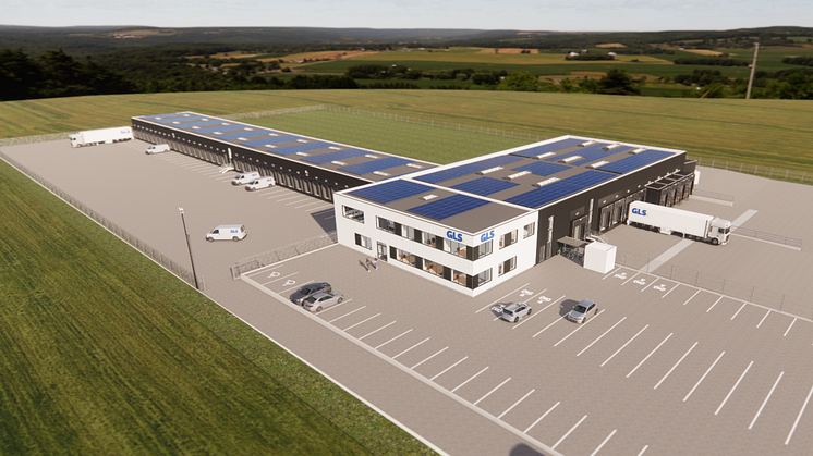 Visualisering af GLS Denmarks distributionscenter i Randers udarbejdet af Gråkjær Erhverv A/S. 