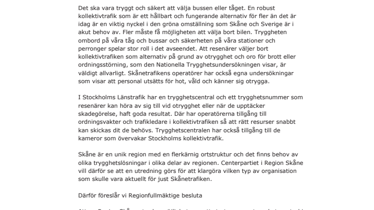 Motion: Inför trygghetscentral i Skånetrafiken