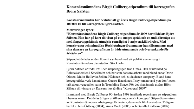 Konstnärsnämndens Birgit Cullberg-stipendium till koreografen Björn Säfsten