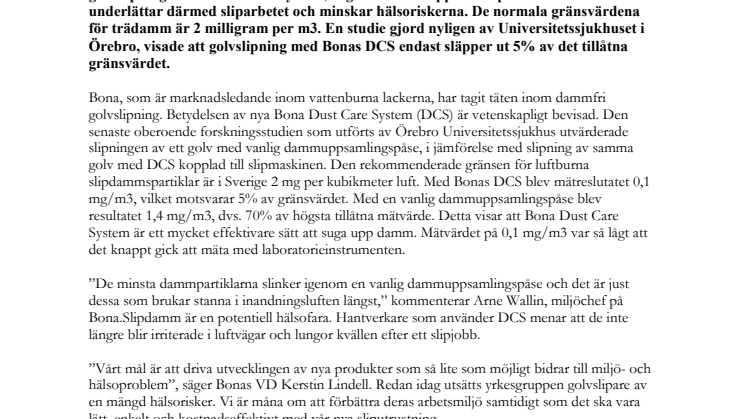 Bonas system för dammfri golvslipning bevisat effektiv: Mindre slipdamm i luften