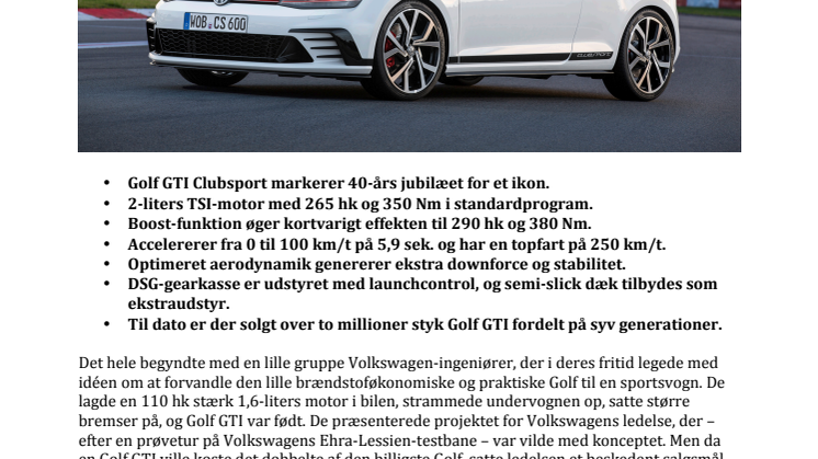40-års Golf GTI fejres med GTI Clubsport til 518.792 kr.