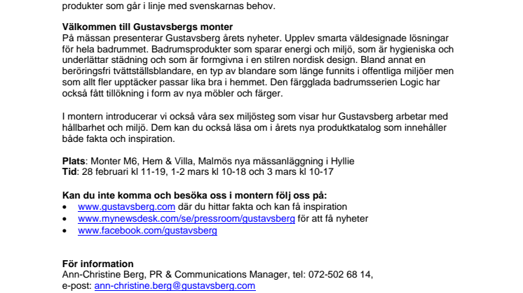 Smarta badrumsnyheter från Gustavsberg på Hem & Villa Malmö