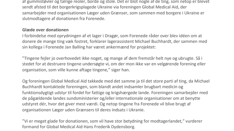 Forenede donerer hospitals- og rengøringsudstyr til Global Medical Aid
