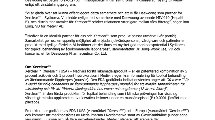 Daewoong Pharmaceuticals utsedd till distributionspartner för Xerclear™ i Sydkorea