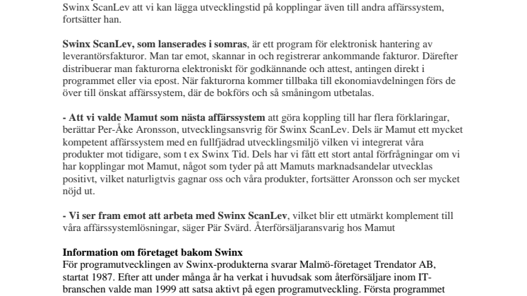 Swinx ScanLev integreras med ännu ett affärssystem, Mamut.