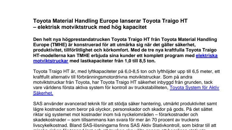 Toyota Material Handling Europe lanserar Toyota Traigo HT – elektrisk motviktstruck med hög kapacitet