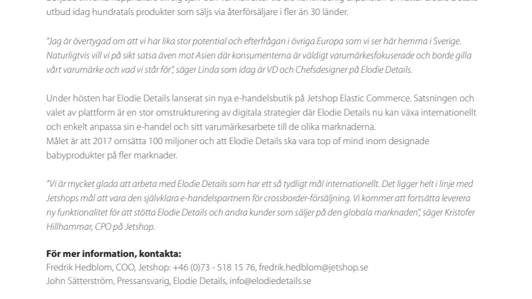 Elodie Details vill nå 100 miljoner i omsättning med ny e-handel - påbörjar internationell expansion tillsammans med Jetshop 