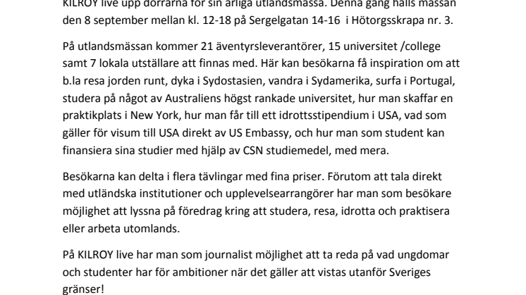KILROY live 2011 – Årets mässa för resor, studier, idrott, praktik och arbete utomlands! 