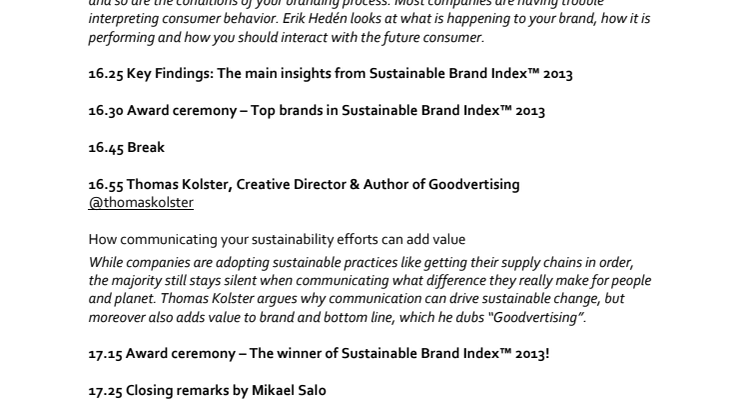 Award Ceremony Program - Sustainable Brand Index 2013™