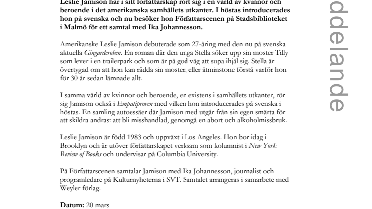 På det amerikanske samhällets skuggsida med Leslie Jamison på Författarscenen