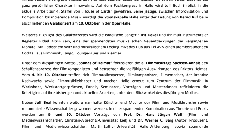 „HOUSE OF CARDS“‐KOMPONIST JEFF BEAL BEI DEN 8. FILMMUSIKTAGEN SACHSEN‐ANHALT