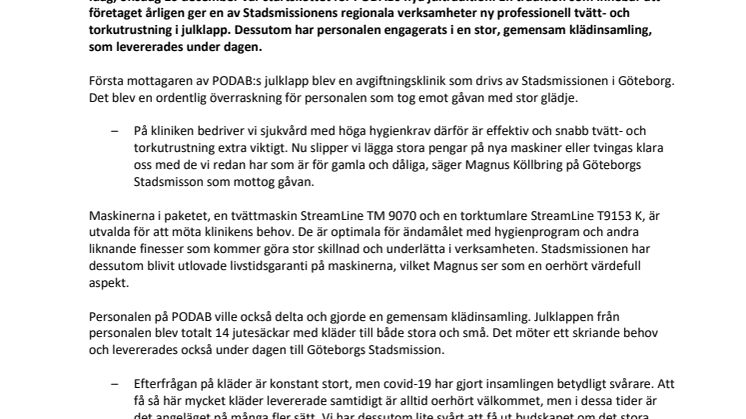PODAB:s julklapp till Stadsmissionen  – specialistinsats som ger nytta länge