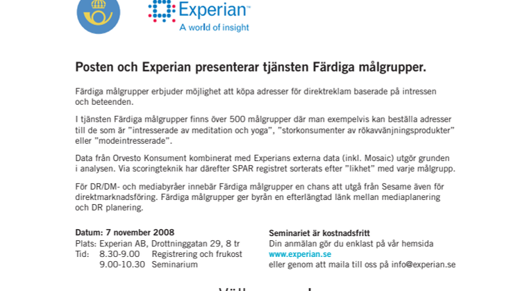Posten och Experian presenterar tjänsten Färdiga målgrupper