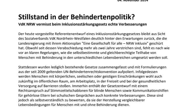 Stillstand in der Behindertenpolitik? VdK NRW vermisst beim Inklusionsstärkungsgesetz echte Verbesserungen
