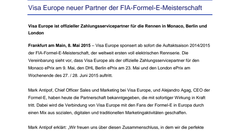 Visa Europe neuer Partner der FIA-Formel-E-Meisterschaft
