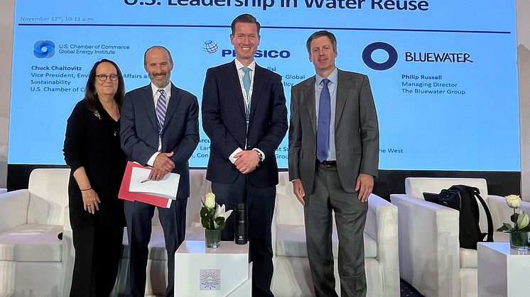 Bluewater spokesperson Philip Russell, 3rd from right, joins US Chamber of Commerce event at COP 27 exploring water reuse. chaired by Chuck Chaitovitz, VP, Environmental Affairs & Sustainability, U.S. Chamber of Commerce, 2nd from left.