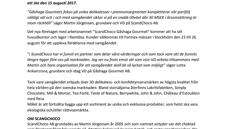 Delikatessföretagen ScandChoco och Gåshaga Gourmet går samman!
