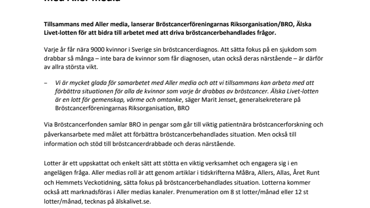 En lott för livet – BRO och Bröstcancerfonden i samarbete med Aller media