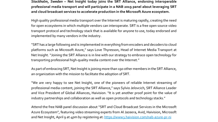 Net Insight joins the SRT Alliance endorsing interoperable professional media transport
