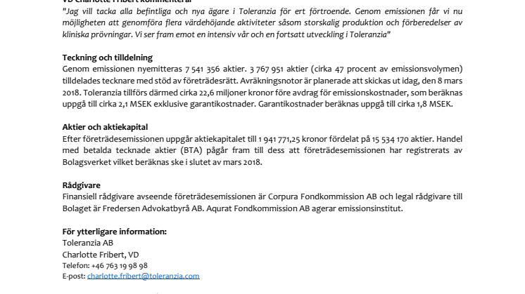 Toleranzias företrädesemission tecknad till cirka 94 %, motsvarande 22,6 MSEK