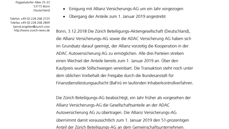 Zurich und Allianz einigen sich über vorzeitigen Übergang der Anteile an der ADAC Autoversicherung AG