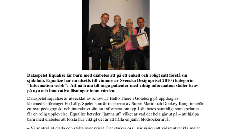 Svenska Designpriset till Equalize - ett dataspel om diabetes