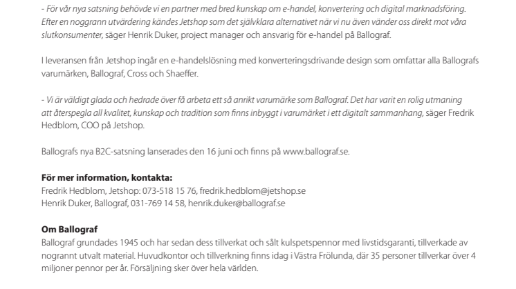 Ballograf väljer Jetshop Commerce för sin nya onlinesatsning