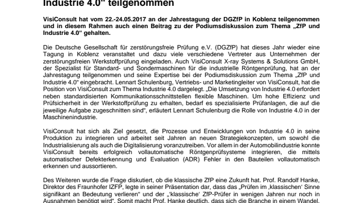 VisiConsult hat an Podiumsdiskussion zum Thema „ZfP und Industrie 4.0“ teilgenommen