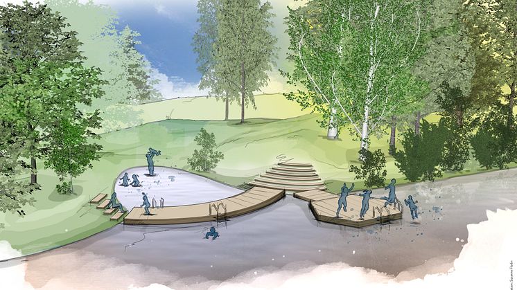 Illustrationsbild över det nya friluftsbadet Hästhagens bryggbad. Illustration: Susanne Flodin.