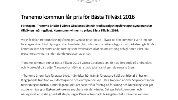 Tranemo kommun får pris för Bästa Tillväxt 2016