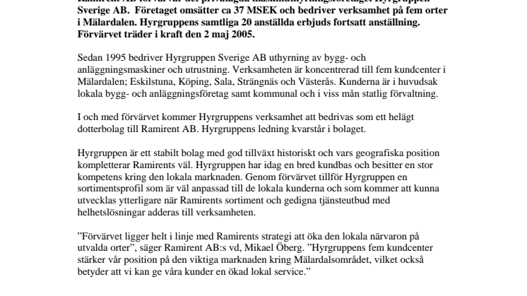 Ramirent förvärvar uthyrningsverksamhet i Mälardalen
